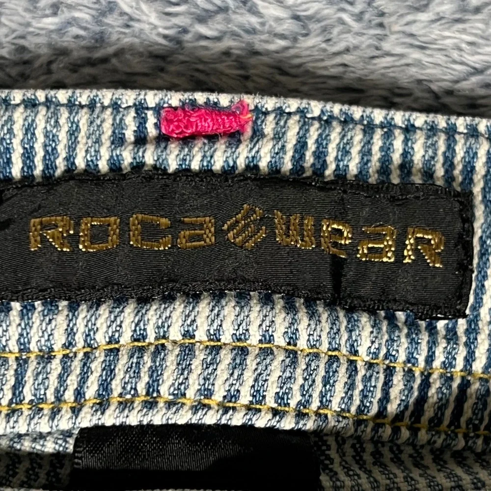 Vintage Rocawear‎ Pinstripe Paint Splatter Flare Jeans Blue White Juniors Size 9